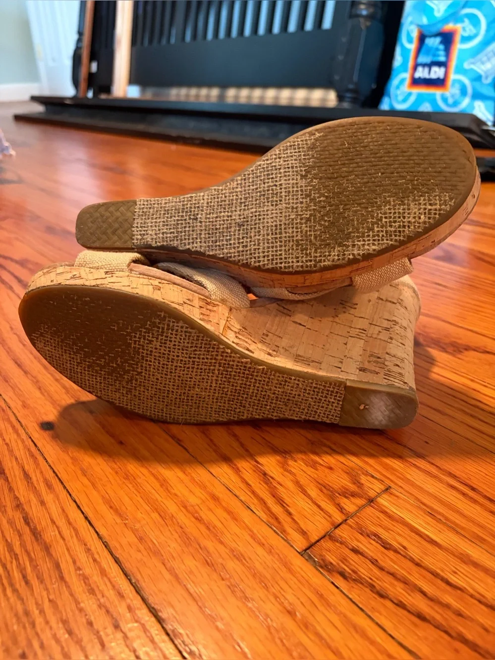 Toms Beige Canvas Cork Wedge Sandals with Ankle Strap size 7
